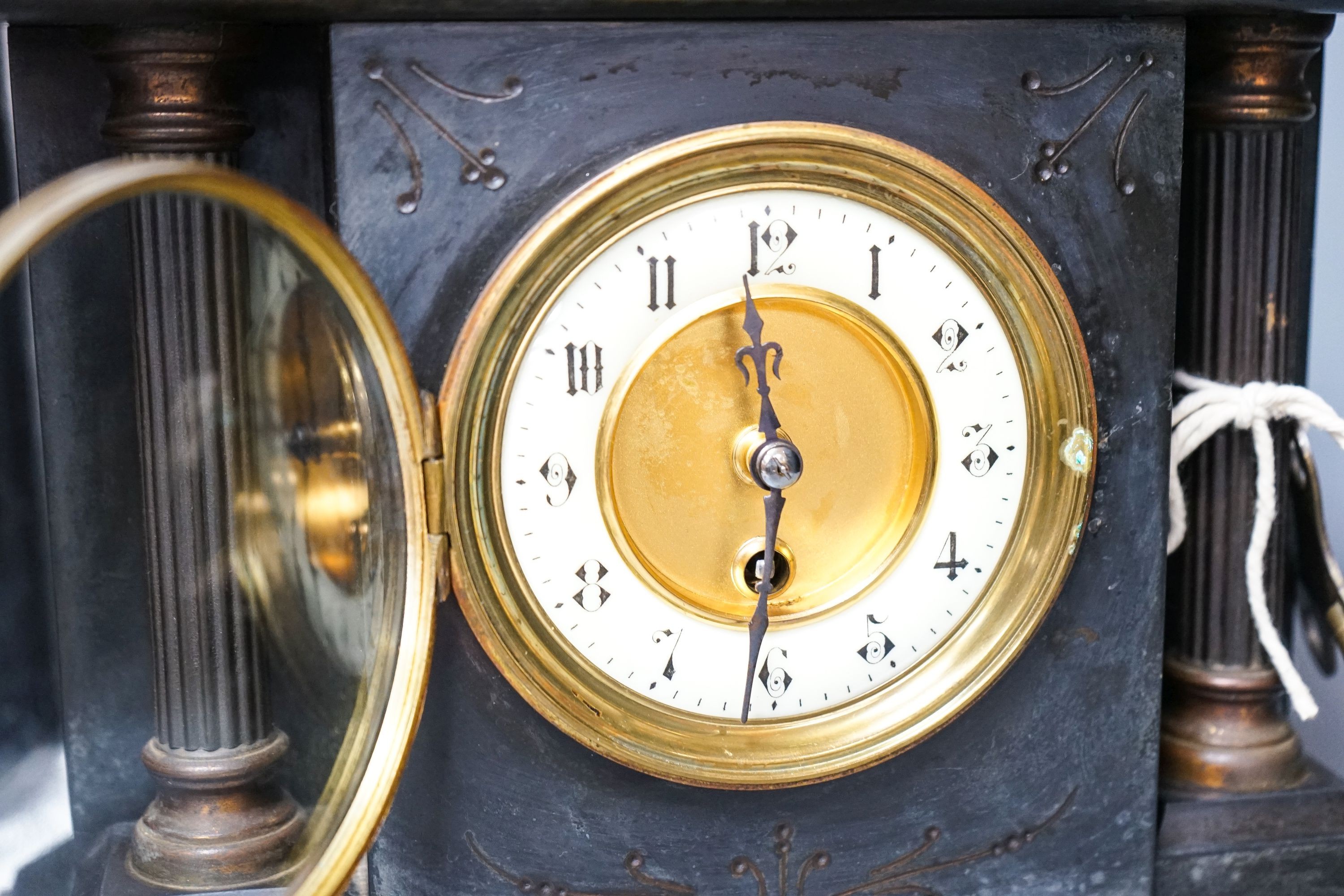 A walnut cased chiming bracket clock together with a slate mantle clock 37cm